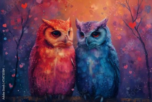 Greeting card on Valentine's Day with a couple of owls in love.
