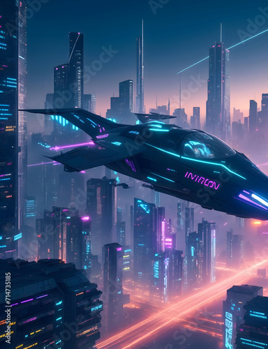 Illustration of a fast futuristic jet like flying vehicle with wings and a tail flying in a cyberpunk purple and blue city filled with skyscrapers and air traffic. Night time.