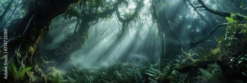 Prehistoric forest jungle with giant trees. photo