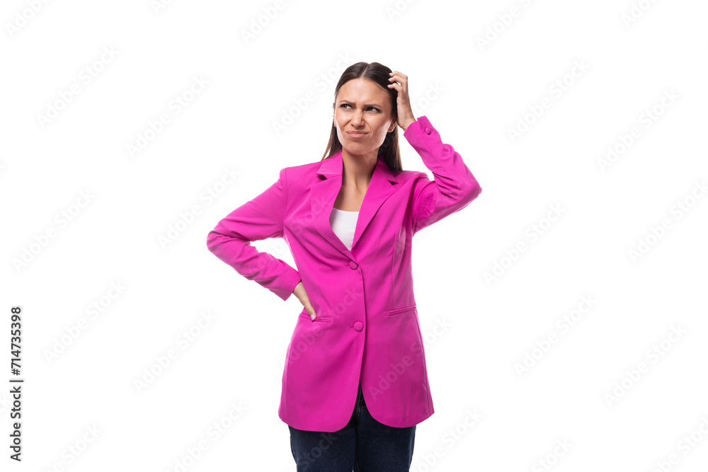 young well-groomed European brunette with black straight hair dressed in a stylish crimson jacket is worried young well-groomed European brunette with black straight hair dressed in a stylish crimson jacket is worried