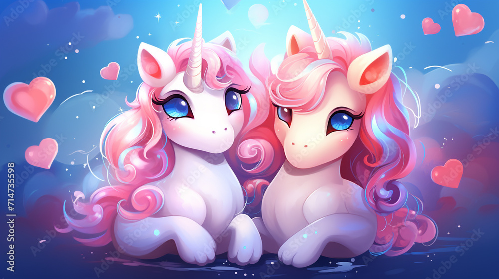 Cartoon couple love unicorns colorful background , Generate AI