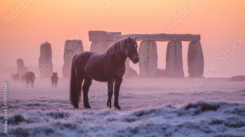 A horse at famous Stonehenge ancient mystery site in winter with snow in England UK.