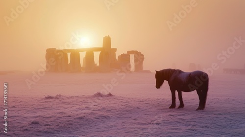 Horse with colorful sunrise at famous Stonehenge ancient mystery site in winter in England UK.