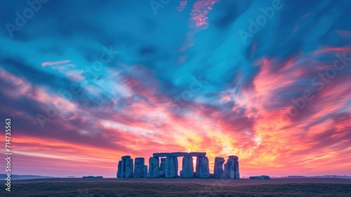 Colorful sunrise at famous Stonehenge ancient mystery site in England UK.