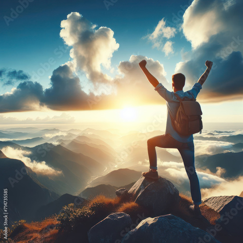Positive man celebrating on mountain top with arms raised up, Silhouette of man standing on the hill, Business, success, victory, leadership, achievement concept. Freedom travel adventure.