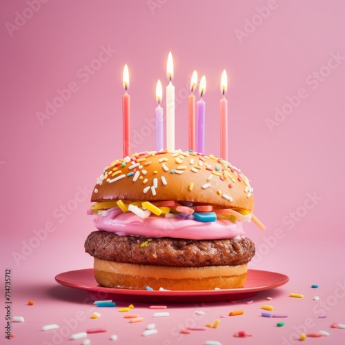 Minimalist composition with a delicious burger with birthday candles on it against pink background