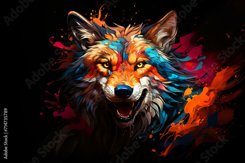 Abstract, multicolored neon portrait of a fox looking forward, in the style of pop art on a black background. © Anastasia
