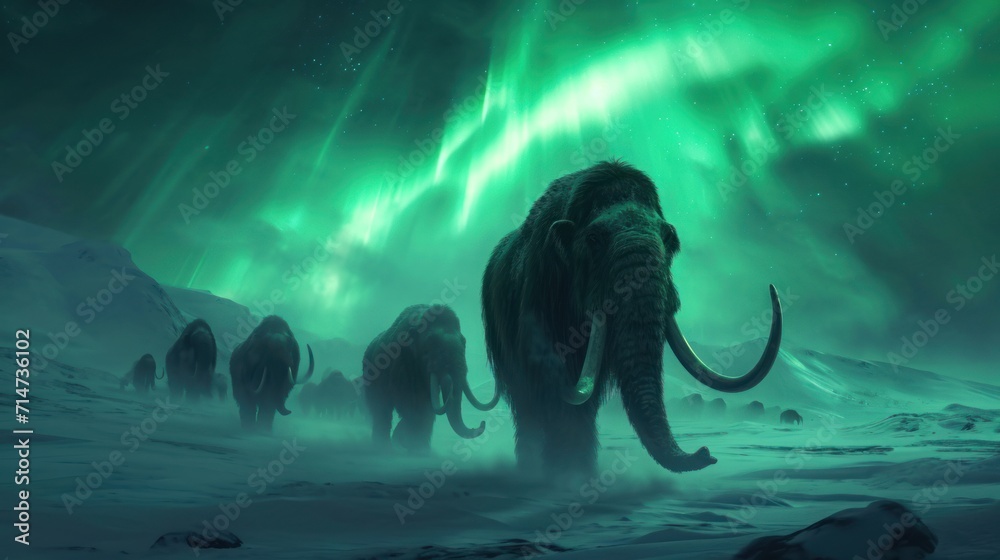 A group of mammoth walking in snow field with beautiful northern lights in freezing winter.