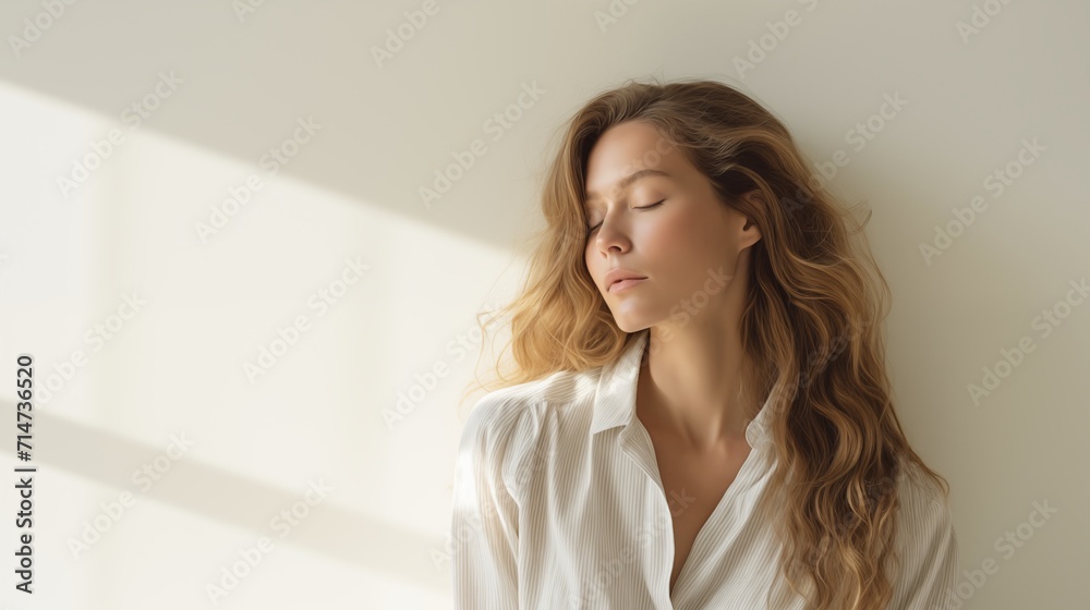 Woman in portrait, minimal style, soft light, peaceful, simple. A calm woman in a photo with a clear, peaceful background. Woman in portrait, minimal style, soft light, peaceful, simple. A calm woman in a photo with a clear, peaceful background.