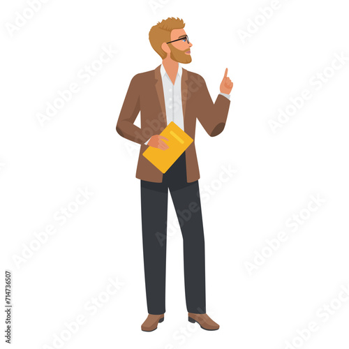 Business male speaker character. Man presenting show, man with clipboard cartoon vector illustration