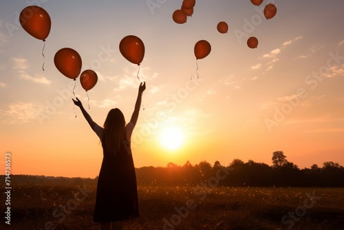 Woman releasing balloons. Cheerful and enjoyable female beautiful sunset. Generate AI