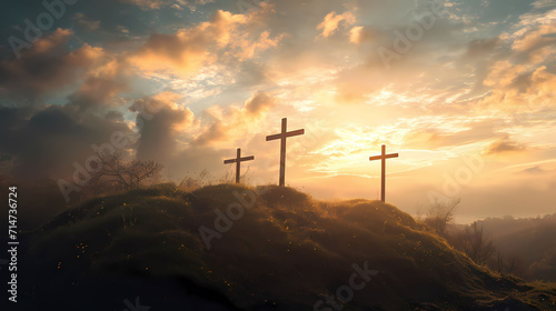 Fotografija three cross on the hill with red sky hill of calvary christianity golgotha hill