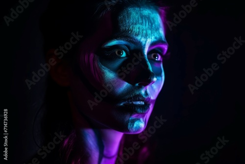 Woman scary night makeup studio light. Person female creepy fantasy zombie. Generate Ai