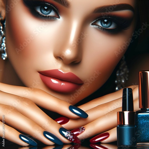 Glamour woman hand with mistique blue and red nail polish on her fingernails. Blue red nail manicure with gel polish at luxury beauty salon. Nail art and design. Female hand model. French manicure. photo