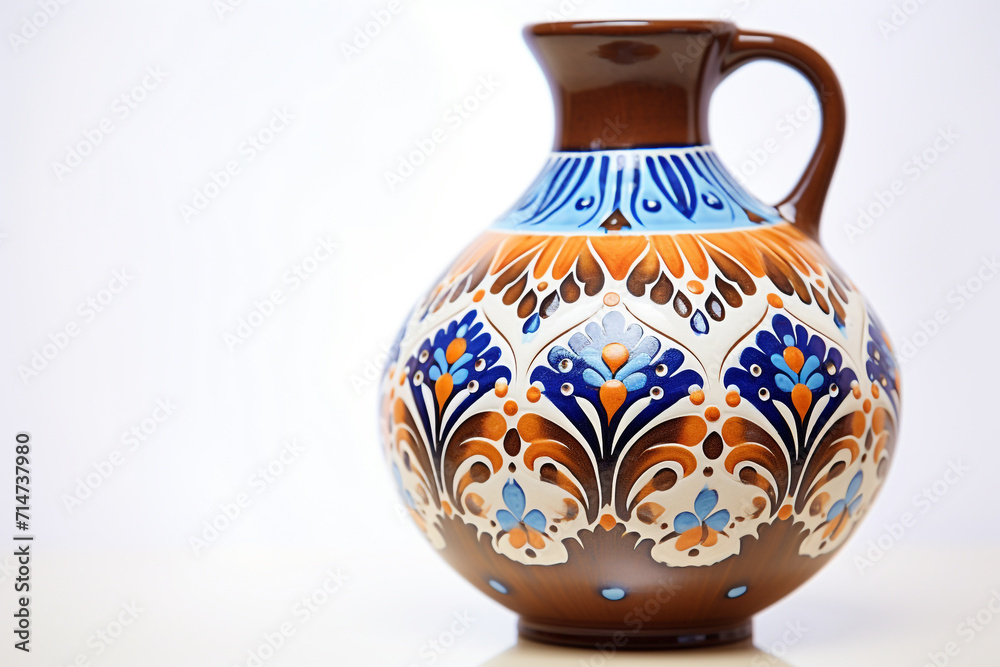 Close up cute ceramic pottery vase with colorful blue brown painting in traditional bulgarian style, decoration, souvenir. Pottery, earthenware, classic hand crafted activity. White background