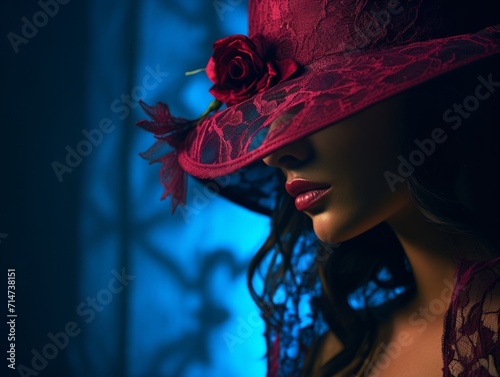 Side shot portrait of unrecognizable woman with an antique hat and lace over half her face photo