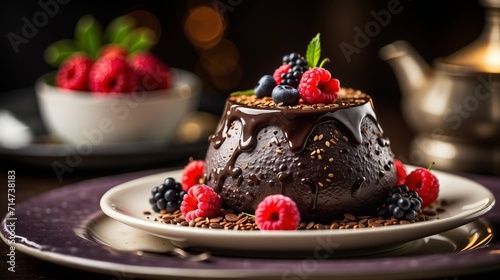 food Fantasy Unleashed: chocolate volcano, baked with delicious melted chocolate and several berries, dark food composition