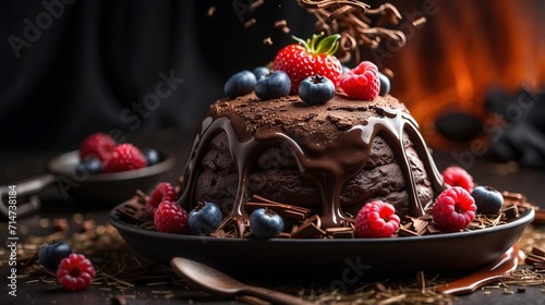 French dessert, chocolate coulant baked with delicious melted chocolate and several raspberries. Chocolate lovers paradise. Generated by AI