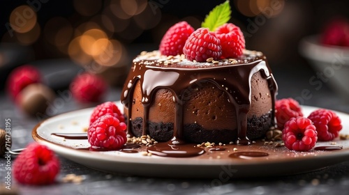 French dessert, chocolate coulant or panna cotta, baked with delicious melted chocolate and several raspberries. Chocolate lovers paradise. Generated by AI