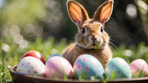 A cute white rabbit next to Easter - Painted Eggs In Basket On Grass In Sunny Orchard