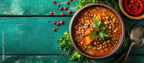 Top view of a vegan, healthy legume dish with lentil soup and stewed vegetables on a rustic green wooden table.
