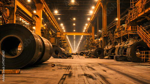 Interior of an industrial foundry with molten metal and heavy machinery, representing metallurgy and production. photo