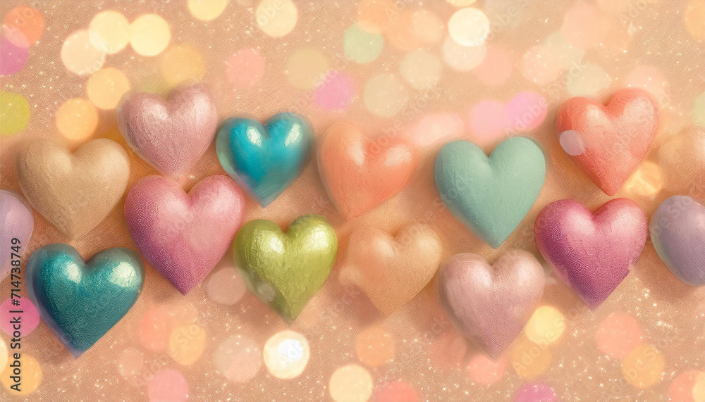 Fototapeta premium Pastel coloured hearts in 3d rendering design on peach fuzz, 2024 colour background with copy space. Computer generated image for Valentine's Day concepts, logo, web, prints, posters.