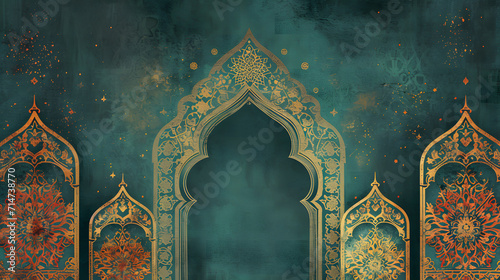 Oriental style Islamic Ramadan mubarak windows and arches with modern style design  door mosque  mosque dome and lanterns
