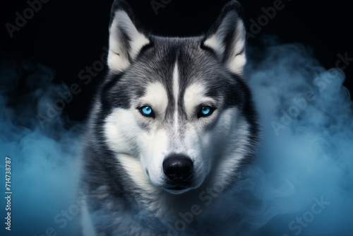 Siberian Husky with Piercing Blue Eyes in Misty Ambience photo