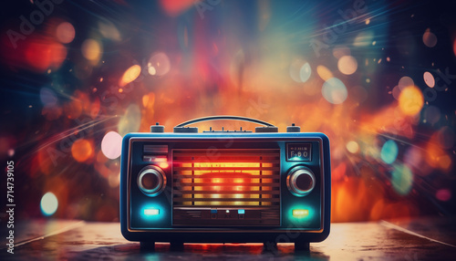 a retro audio against a colorful background, in the style of bokeh, poster