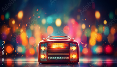 a retro audio against a colorful background, in the style of bokeh, poster photo