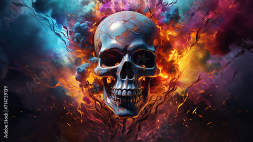  Heavy metal death skull Illustration rainbow background , Generate AI