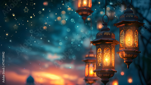 Arabic lamp ornamental at night with glowing background and golden glittering. Ramadan mubarak banner design