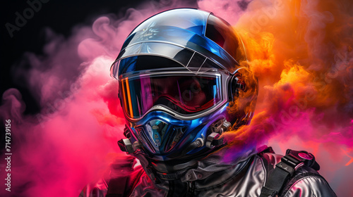 Helmet realistic astronot , with glasess rainbow color smoke spash background , cyberpunk mode color , Generate AI