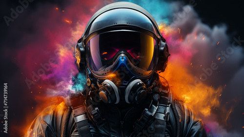 Helmet realistic astronot , with glasess rainbow color smoke spash background , cyberpunk mode color , Generate AI