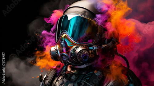 Helmet realistic astronot , with glasess rainbow color smoke spash background , cyberpunk mode color , Generate AI photo