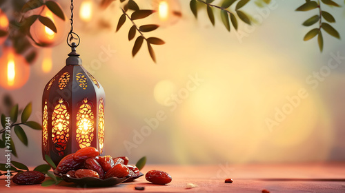 Ramadan lantern with arabian lamp, dates fruit and sparkling golden. Concept of iftar