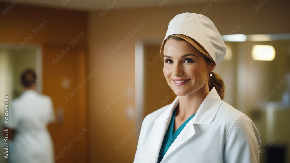 Portrait of a smiling nurse in a white coat and cap against the background of a treatment room