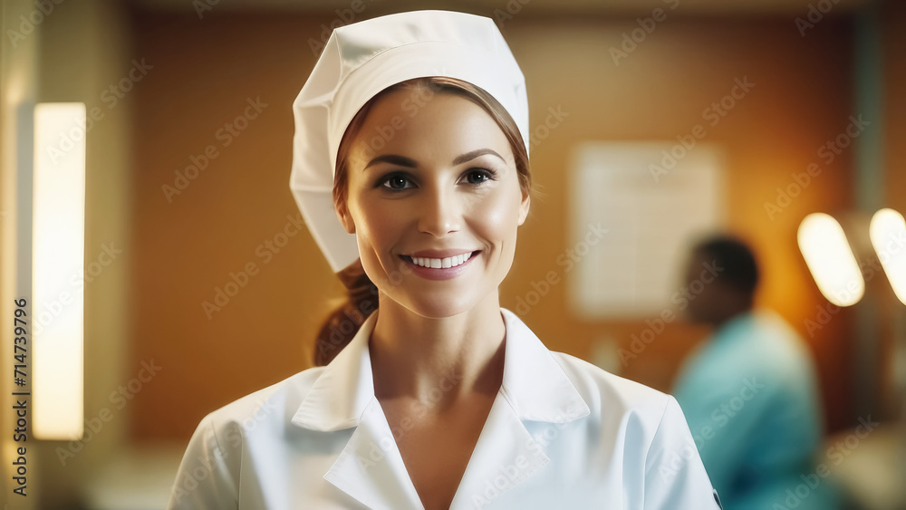 Portrait of a smiling nurse in a white coat and cap against the background of a treatment room Portrait of a smiling nurse in a white coat and cap against the background of a treatment room