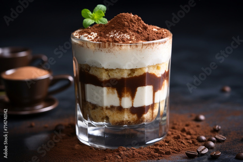 Classic tiramisu dessert in a glass and cup of coffee on concrete background © Robin