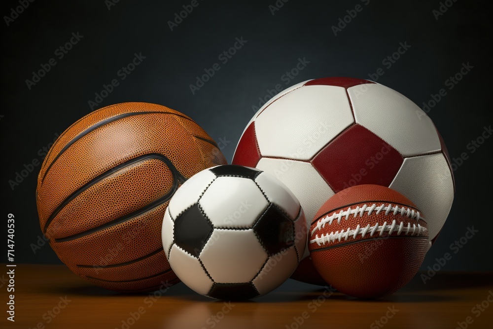 Collection of various sports balls, including a basketball, soccer ball, volleyball, and American football, showcased on a wooden surface against a dark backdrop. Collection of various sports balls, including a basketball, soccer ball, volleyball, and American football, showcased on a wooden surface against a dark backdrop.