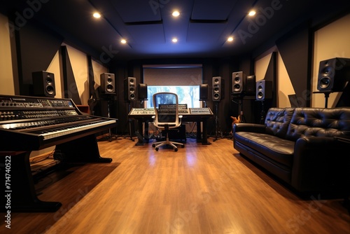 An inviting professional music studio, equipped with an array of high-end audio production gear, synthesizers, and studio monitors, is designed for optimal sound mixing and recording. © Rattanathip