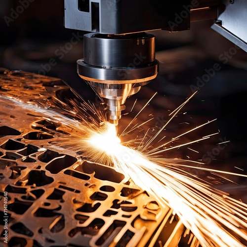 Close-up scene the fiber laser cutting machine cutting machine cut the metal plate. The hi-technology sheet metal manufacturing process by laser cutting machine.