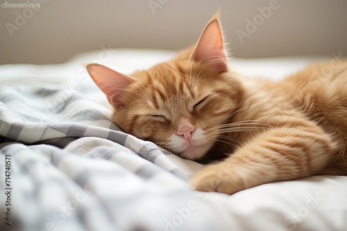 Serene ginger cat naps with contentment on a cozy bed, enveloped in a soft blanket, embodying tranquility and comfort. 