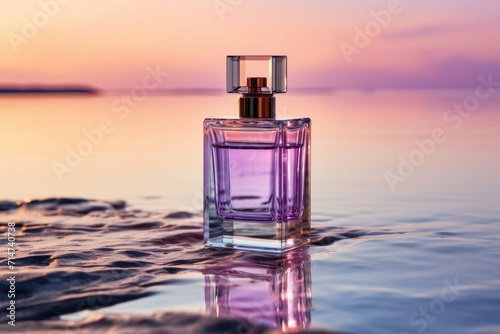 perfume on the beach  luxury fragrance in nautical style  perfume bottle on a sand against the sea  Perfume bottle on water  perfume on the beach at sunset