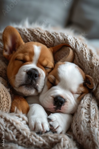 Two adorable puppies sleeping peacefully wrapped in a cozy blanket. perfect image of friendship and comfort. AI