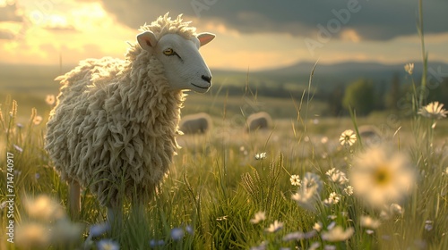 Serene pasture where hyper-realistic sheep graze.