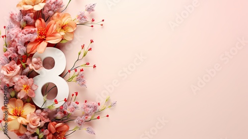 Number eight in spring colors, on pastel background, with space for text, international women's day photo