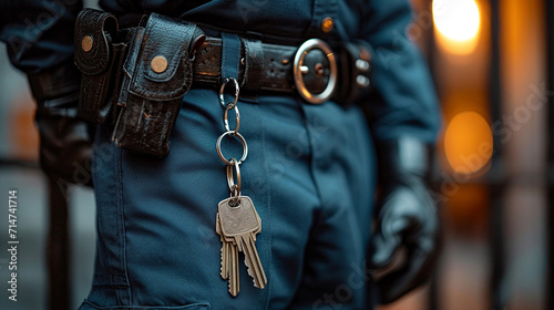 A policeman holding a key in a prison corridor