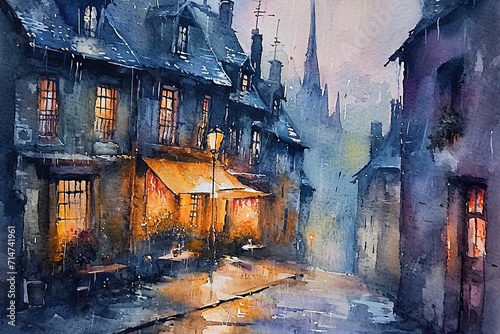 Watercolor, streets of French village on a rainy evening.
